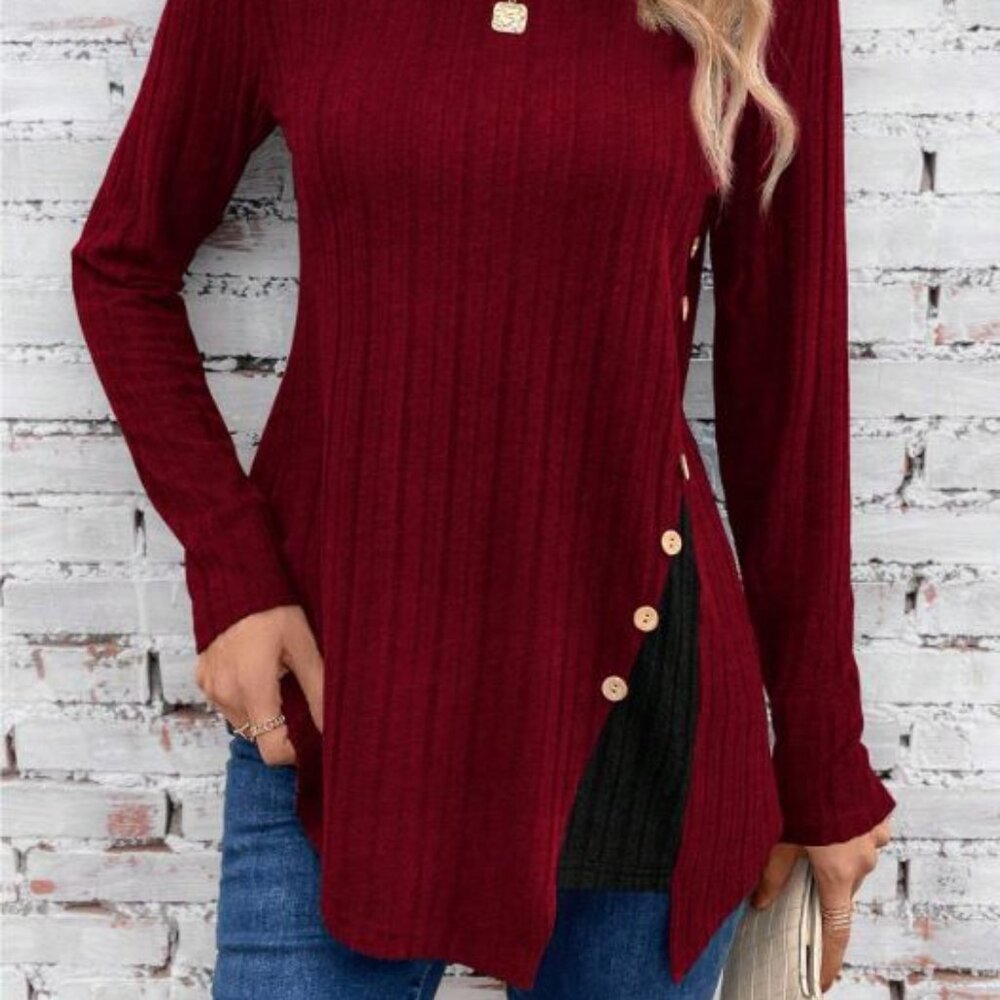 Women Button Detail Color-block Top Burgundy/Black